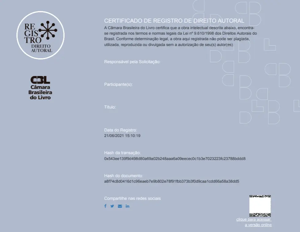 Modelo de certificado de registro de direito autoral emitido pela Câmara Brasileira do Livro
