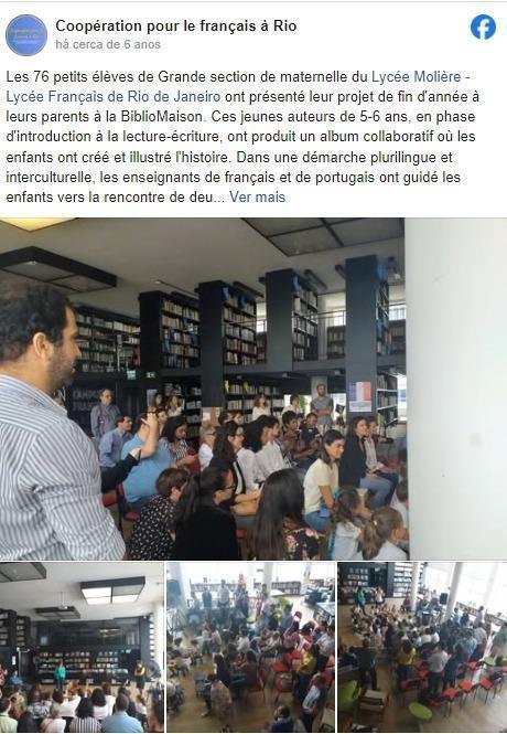 Registro histórico do lançamento de livros produzidos por estudantes na BiblioMaison, no Rio de Janeiro